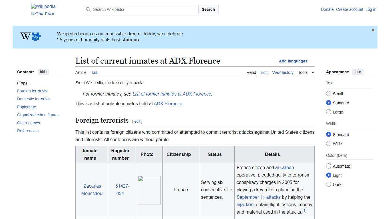 List of current inmates at ADX Florence - Wikipedia